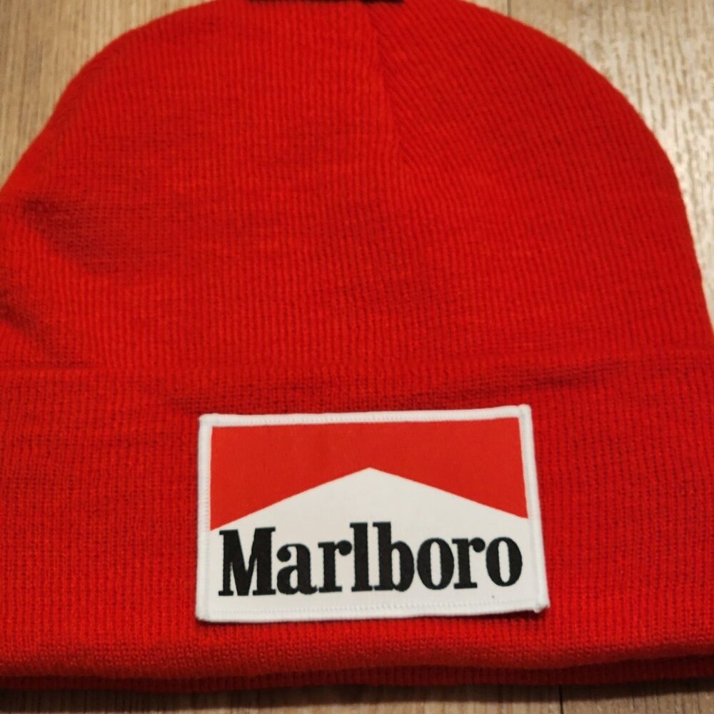 Marlboro Patched Knit Cuffed Beanie in Red.